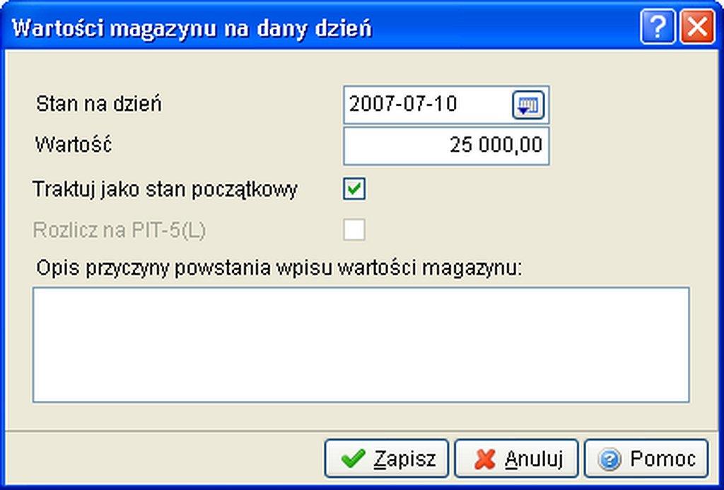 Streamsoft W tabelę wpisujemy datę sporządzenia inwentaryzacji oraz kwotę spisu z natury. Jeżeli wpis dotyczy inwentaryzacji początkowej, to należy zaznaczyć Traktuj jako stan początkowy.