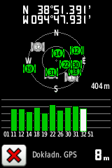 Narzędzia dodatkowe Pozycje satelitów Pulpit Wysokość siła sygnałów Ekran satelitów Zielone słupki wskazują siłę sygnału GPS. Białe słupki wskazują że Dakota ustala jeszcze sygnał.