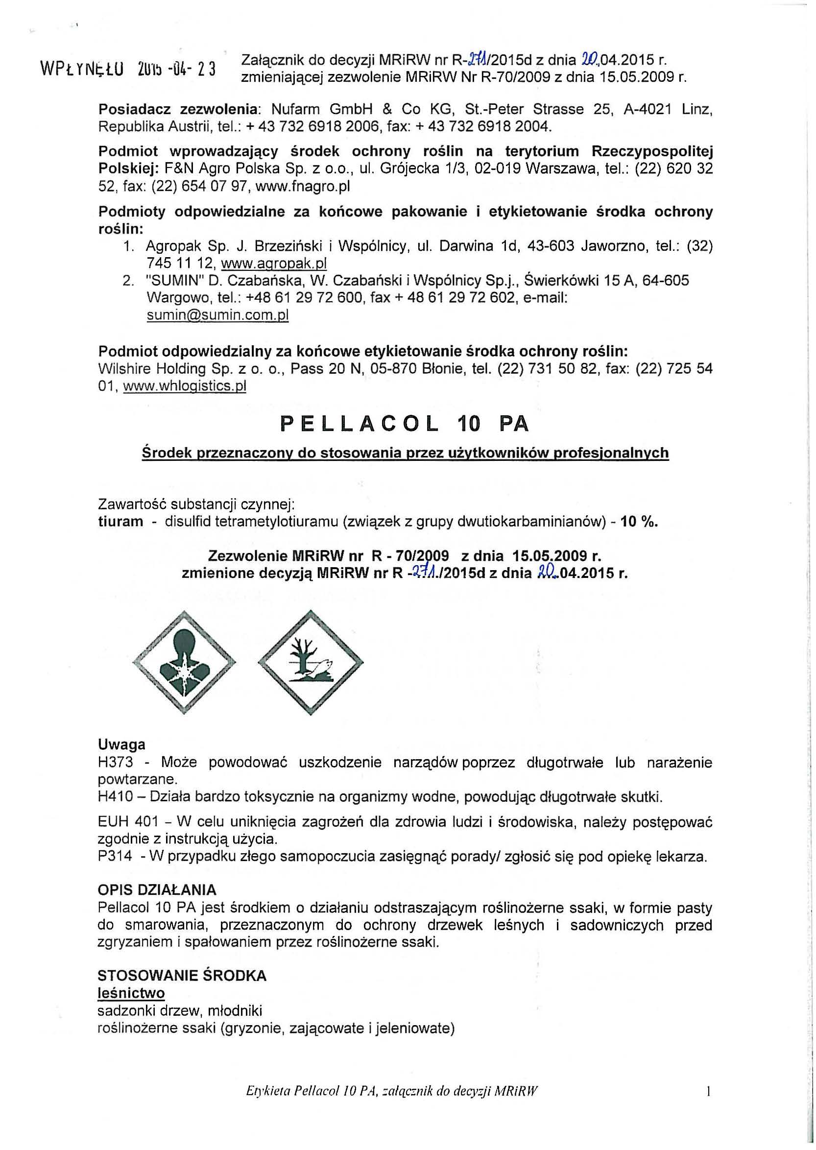 WPt Y Nt;.ŁU 2U'I!l -04- Z 3 Załącznik do decyzji MRiRW nr R-.21J/2015d z dnia 20,04.2015 r. Posiadacz zezwolenia: Nufarm GmbH & Co KG, St.-Peter Strasse 25, A-4021 Linz, Republika Austrii, tel.
