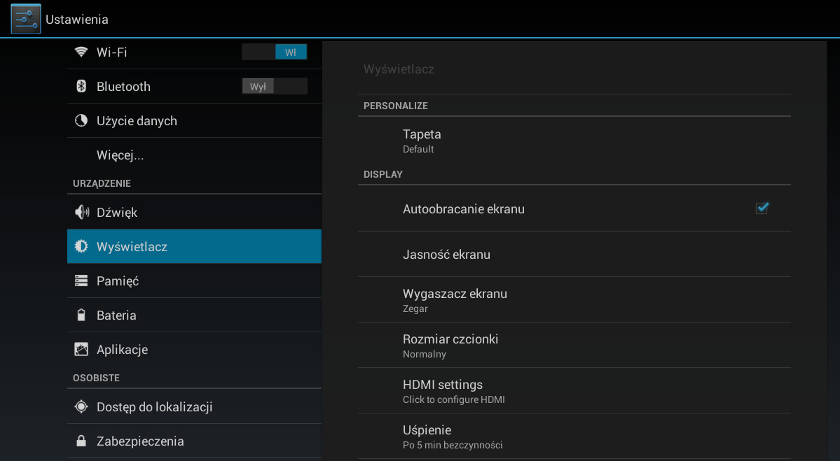 31 USTAWIENIA USTAWIENIA WYŚWIETLACZA W sekcji Ustawienia > Urządzenie > Wyświetlacz można ustawić następujące parametry: Jasność; Tapeta; Autoobracanie ekranu; Wygaszacz ekranu; Rozmiar czcionki;