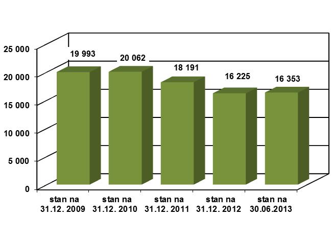 Wykres nr 17. Liczba osób niepełnosprawnych ogółem zatrudnionych w zakładach pracy chronionej w Województwie Łódzkim w latach 2009-2013 Źródło: sprawozdania wojewodów INF-ZPch ZAZ, cyt.