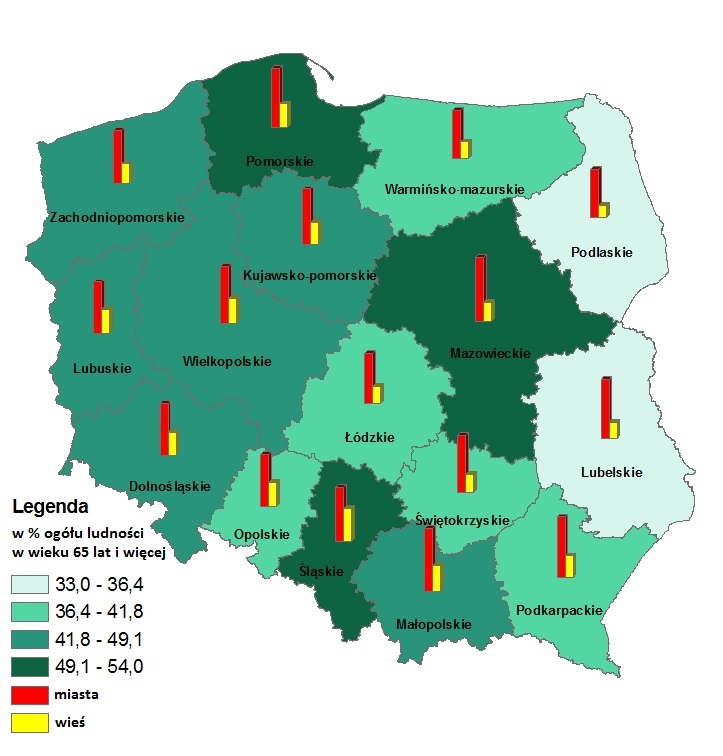 Należy również zwrócić uwagę na duże zróżnicowanie w poziomie wykształcenia osób starszych zamieszkujących poszczególne województwa (Mapa 2).