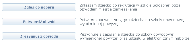 spoza obwodu. Wybór drugiej opcji oznacza potwierdzenie miejsca w szkole obwodowej. Wybór trzeciej opcji oznacza rezygnację z naboru do szkół poza-obwodowych oraz z miejsca w szkole obwodowej.