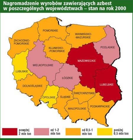 Nagromadzenie wyrobów zawierających azbest w układzie wojewódzkim, w 2000 r. i 2008 r.