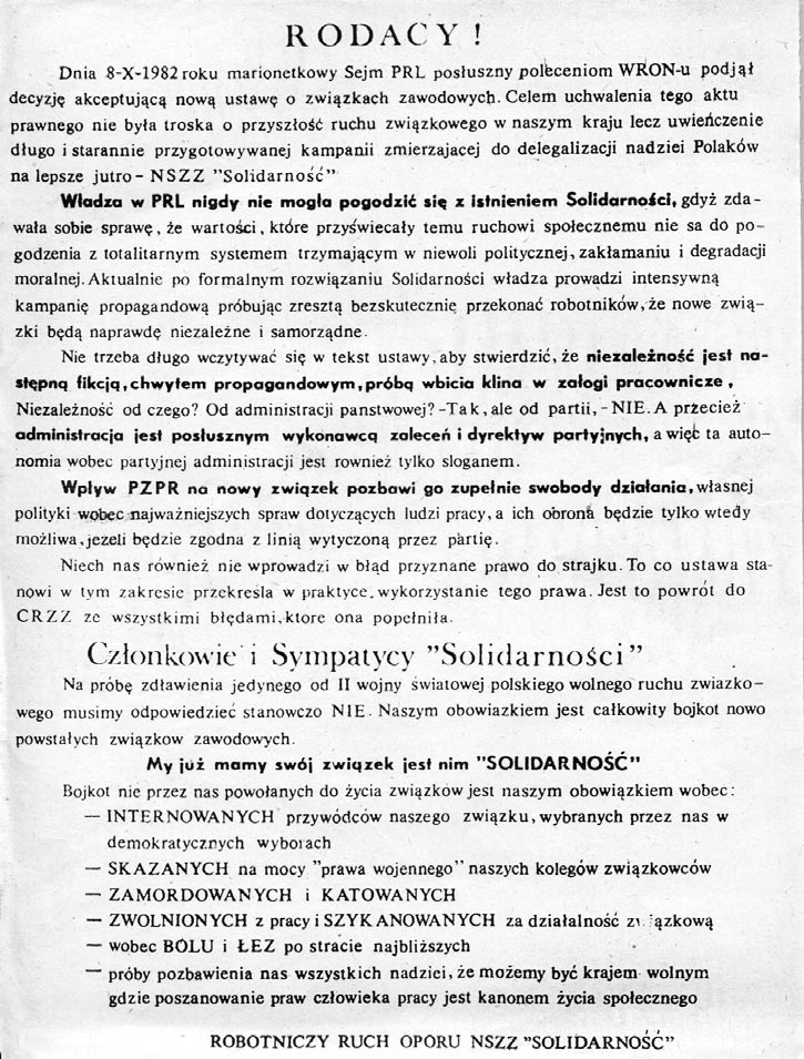 KARTY 37) Ulotka podziemnej SolidarnoÊci kolportowana w podziemiu po uchwaleniu 8