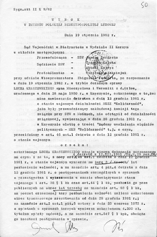 KARTY 49) Wyrok Sàdu Wojewódzkiego w Bia ymstoku skazujàcy Lecha Kraszewskiego z Knyszyna na trzy