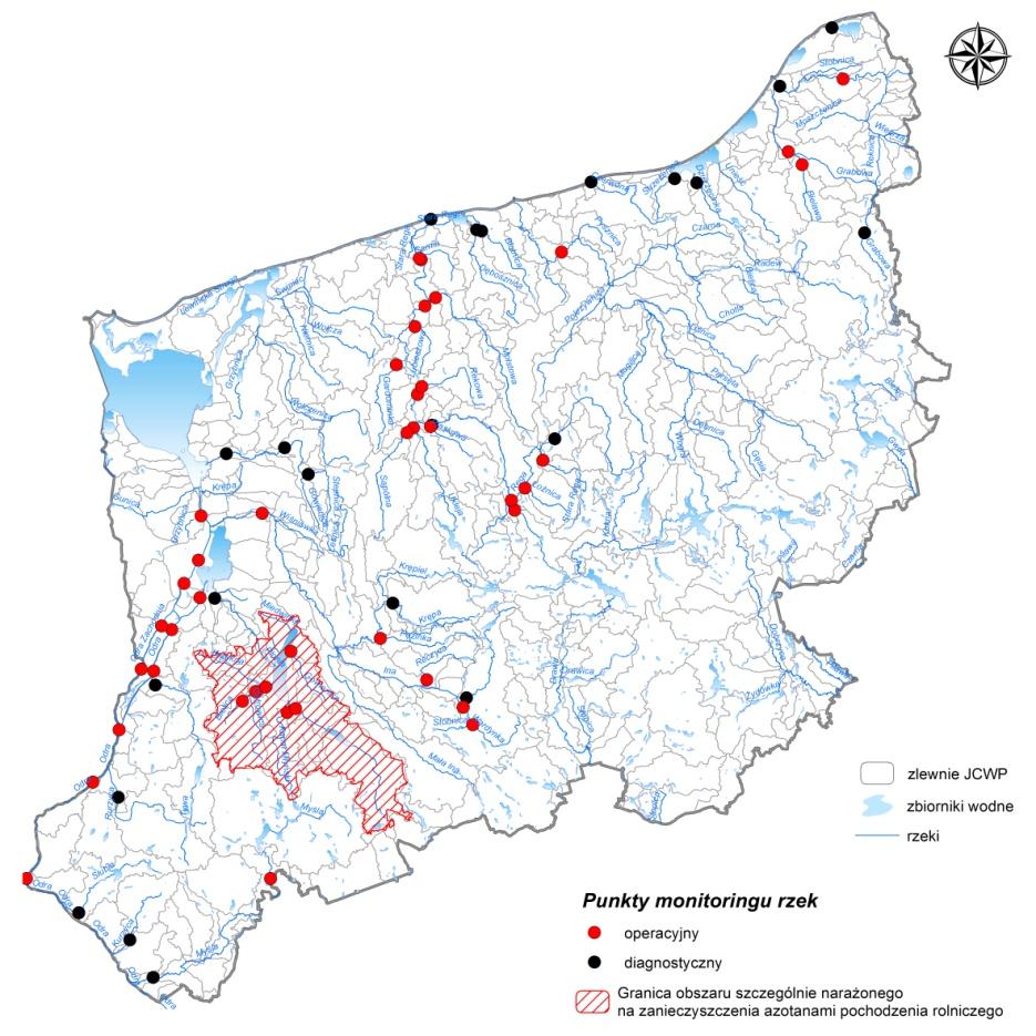 Mapa. II.1.1 Lokalizacja punktów pomiarowo kontrolnych rzek w roku 2011 Ocena stanu wód Program monitoringu rzek na 2011 r.