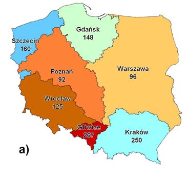 Rys. 1. Zasoby własne RZGW w 2006 r. a) w milimetrach, b) w tys. m 3 na mieszkańca na rok. 6. Stosunkowo niewielka całkowita pojemność zbiorników retencyjnych w Polsce, wynosząca ok.