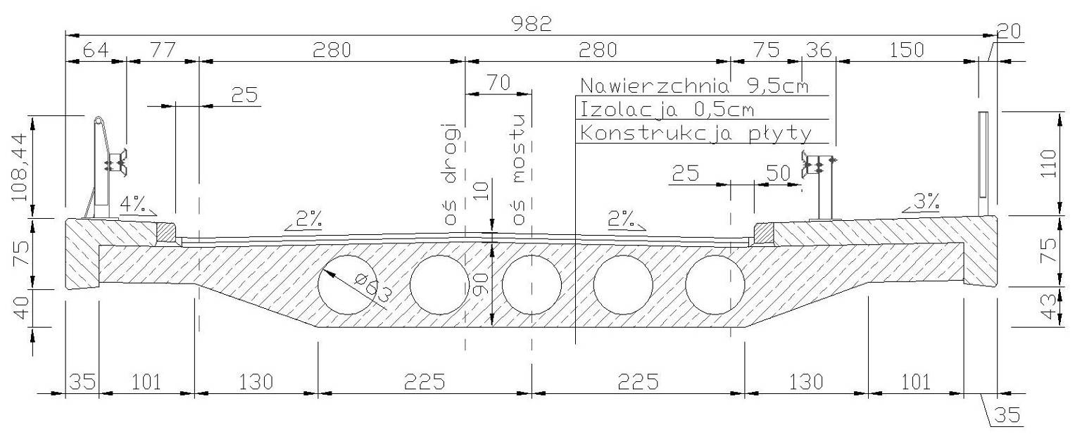 Typ obiektu: wiadukt drogowy Przeszkoda: autostrada A2 Schemat statyczny: czteroprzęsłowa rama o rozpiętościach przęseł 12,0m + 21,0m + 21,0m + 12,0m Klasa obciążenia: B Długość całkowita: 68,0m