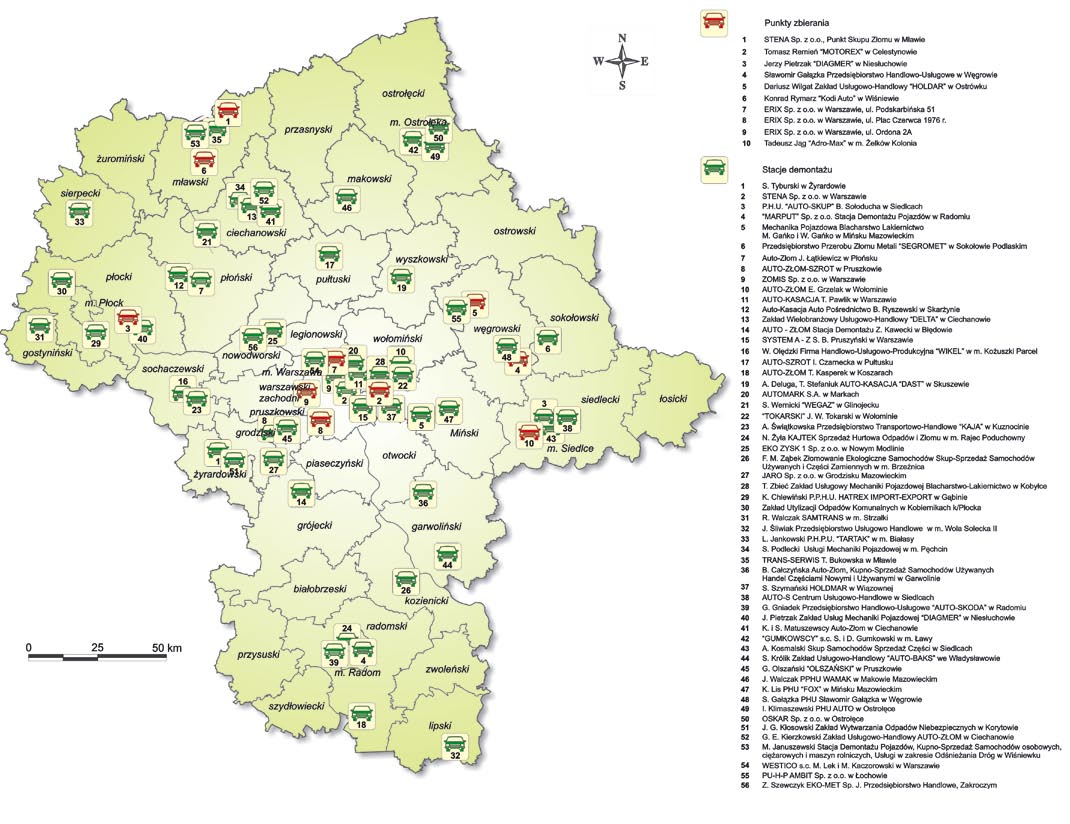 DZIAŁALNOŚĆ KONTROLNA STACJE DEMONTAŻU POJAZDÓW W rejestrze Wojewody Mazowieckiego na koniec 2006 r. znajdowało się 56 stacji demontażu pojazdów, z których WIOŚ skontrolował 48.