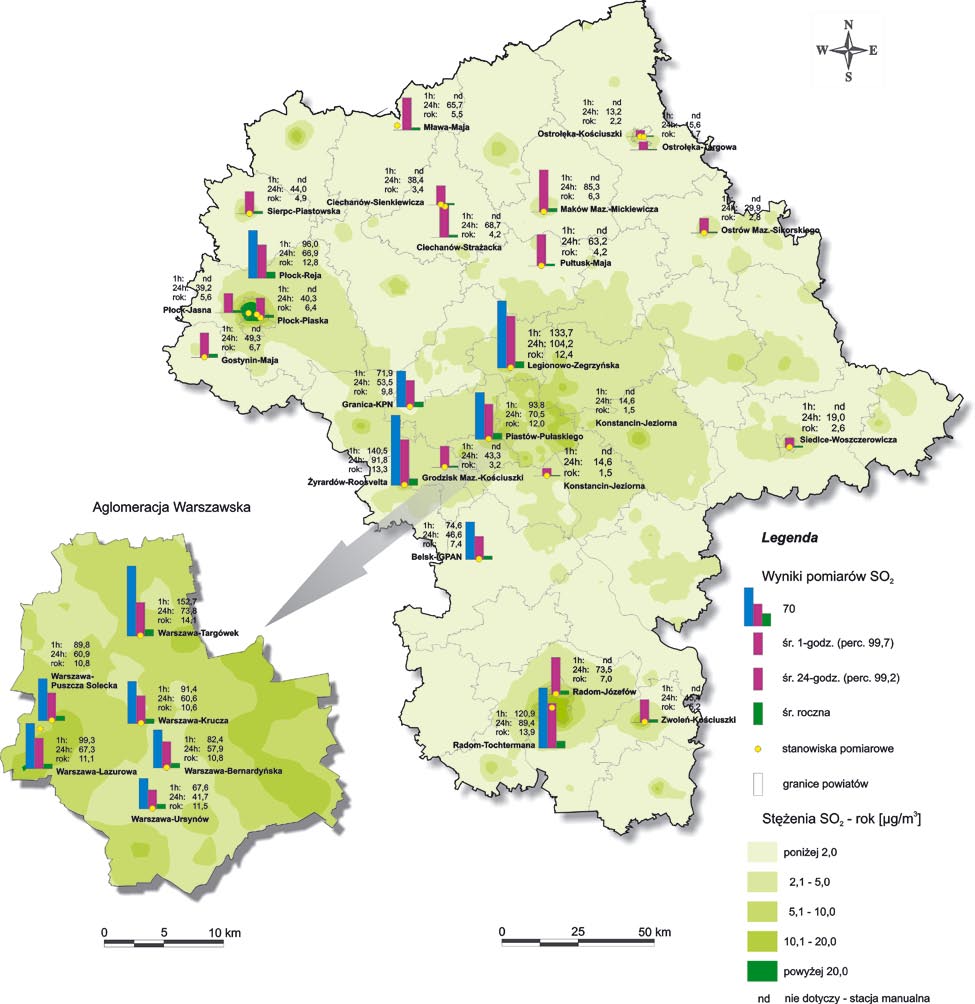 POWIETRZE Mapa nr 28. Wyniki pomiarów i modelowania dla SO 2 w 2006 roku Stężenia dwutlenku siarki zarówno w miastach, jak i poza miastami były niskie.