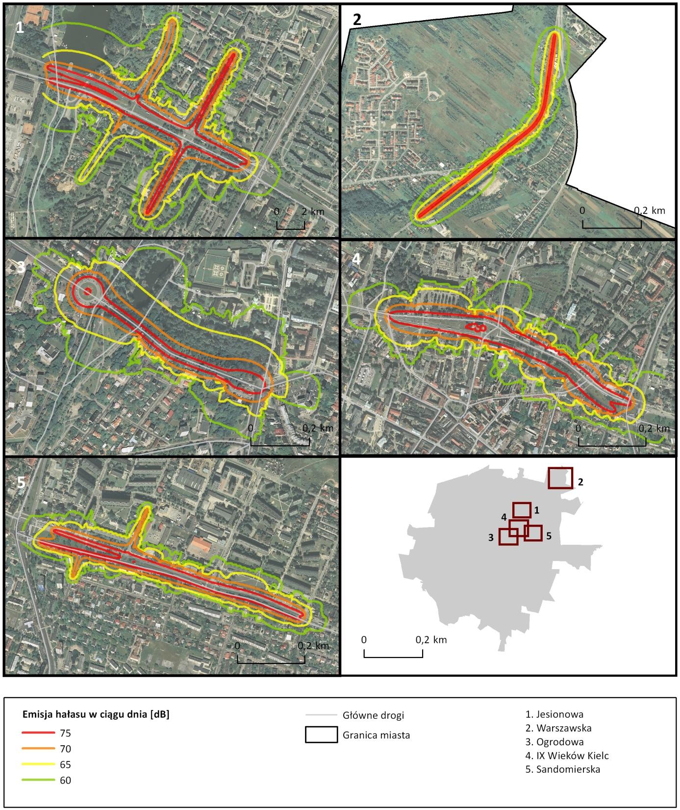 Rozdział: TOPOKLIMAT Mapa 7.11. Emisja hałasu w ciągu dnia na wybranych ulicach na terenie miasta Kielce.