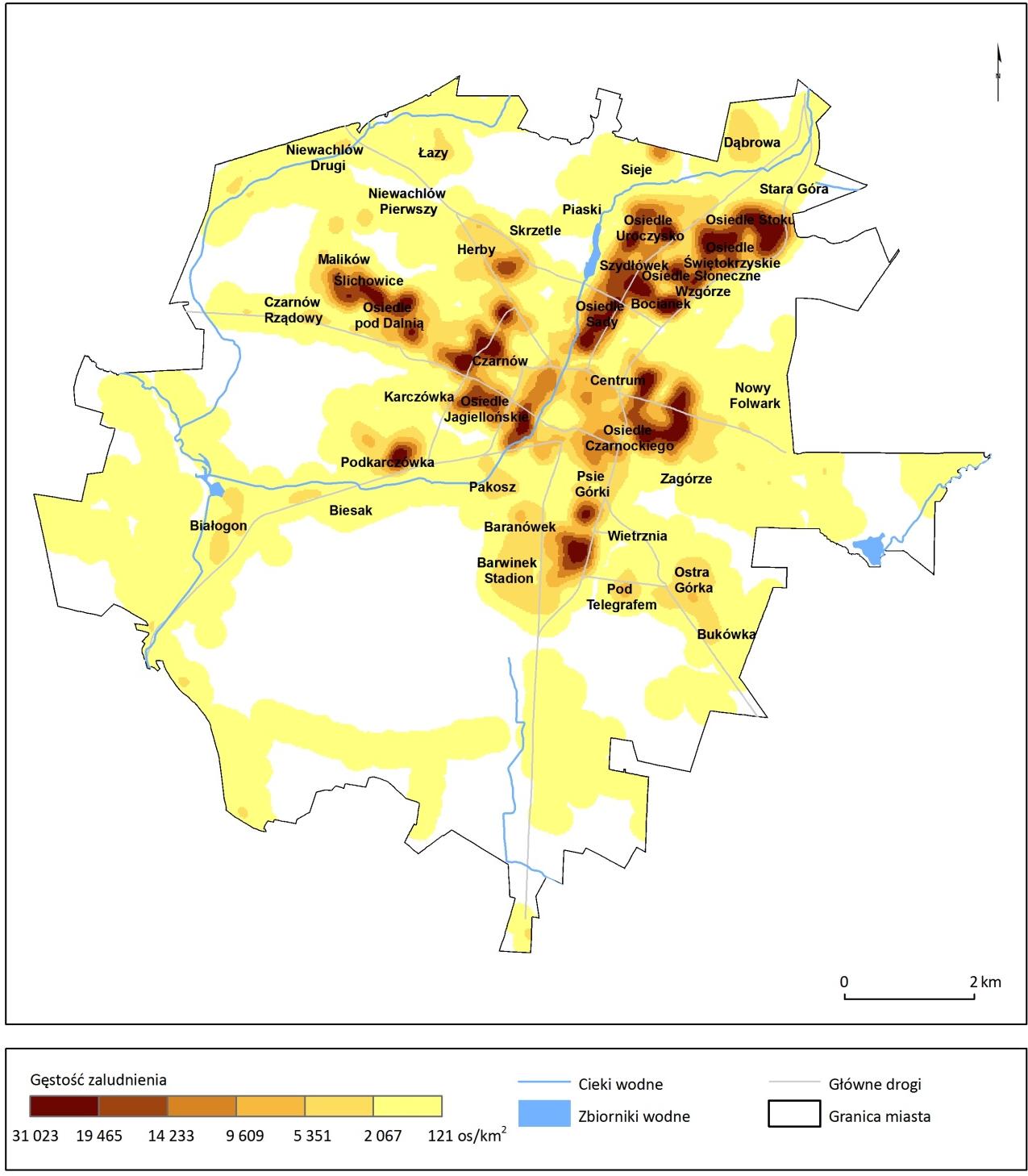 Rozdział: LUDNOŚĆ Mapa 2.1. Mapa gęstości zaludniania. Dynamikę zachodzących procesów urbanizacyjnych w cyklu wieloletnim odzwierciedlają w pewnym stopniu zmiany liczby mieszkańców. I tak, w 1950 r.