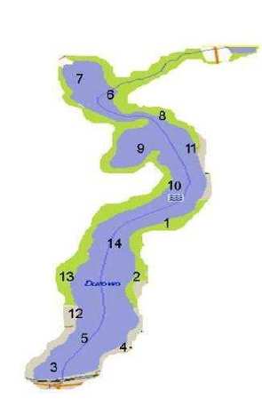 2. Materiały i metody 2.1. Stanowiska badawcze Do poboru prób makrobezkręgowców wybrano 14 stanowisk, które były rozmieszczone na całej powierzchni jeziora (ryc.