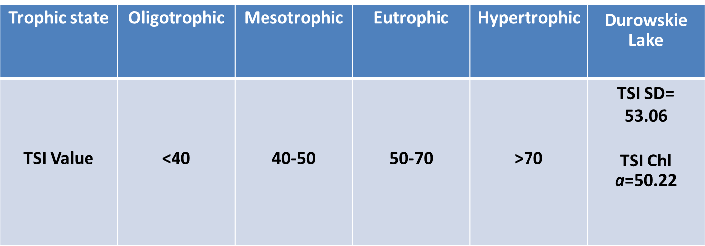 Tabela. 2 Ocena Jeziora Durowskiego pod względem stanu ekologicznego Parametr Wartość Klasyfikacja Chlorofil a 8.45 µg/l Dobra (II klasa) Zawartość tlenu 5.