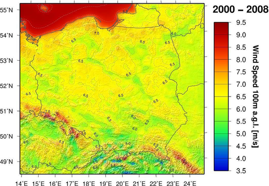 Rys. 2.1 Przykładowe oceny potencjału wiatrowego dla Polski, strefy energetyczne wiatru wg IMGW oraz średnia roczna prędkość wiatru na wysokości 100 m wg komercyjnego atlasu wiatrowego Anemos.