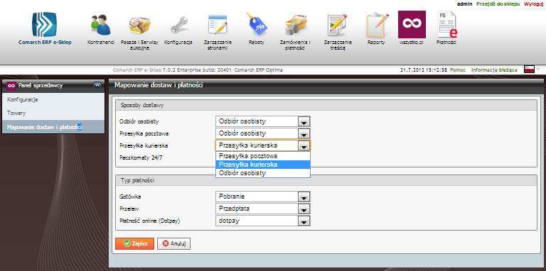 6. Panel Administracyjny > wszystko.pl > Panel sprzedawcy > Mapowanie dostaw i płatności Aby przypisać sposób dostawy/płatności sklepu do sposobu dostawy/płatności wszystko.