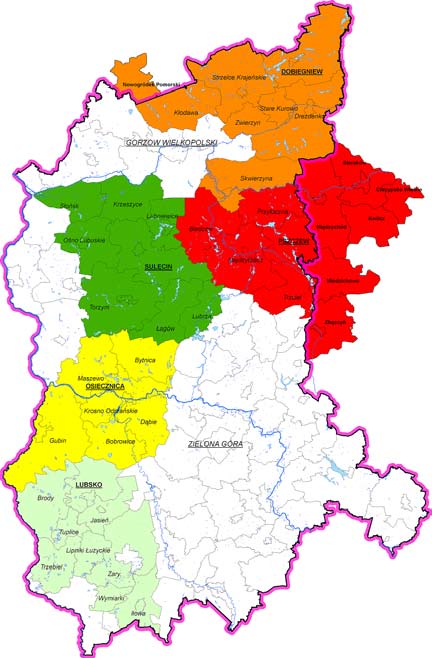 Lokalna Grupa Rybacka Wodny Świat działa w północnej części województwa lubuskiego i obejmuje swym zasięgiem osiem gmin: Krzeszyce, Lubniewice, Sulęcin, Słońsk, Torzym (Powiat Sulęciński), Lubrza,