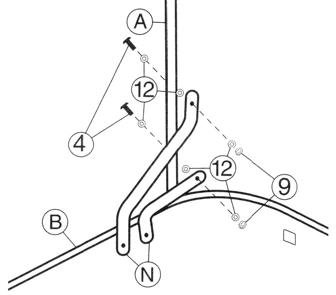 Nakręcić gałki (H) na pręty regulatora rusztu. KROK 5 Wyciągnąć wcześniej zamocowane zawiasy (N) z wnętrza misy (B).