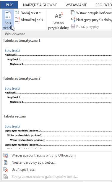 Załączniki Nagłówki te są wyszukiwane w programie Word i używane do utworzenia spisu treści. Spis treści może być aktualizowany za każdym razem, gdy zmienimy tekst nagłówka, sekwencję lub poziom.