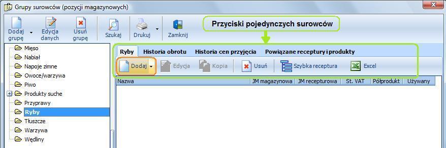 4. Definicje Aby dodać nowy towar (surowiec) należy kliknąć w ikonę 'Dodaj' w oknie surowców. Pojawi się następująca kartoteka surowca.