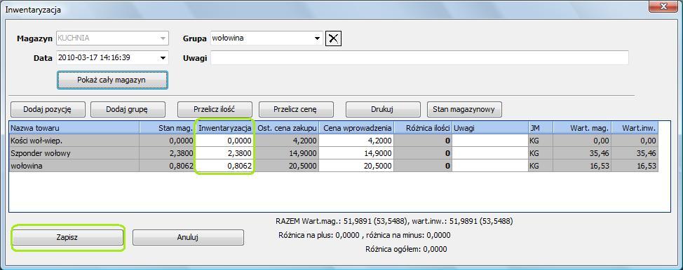 5. Magazyn Po zapisaniu dokumentu, stany magazynowe inwentaryzowanych surowców zostaną automatycznie skorygowane do wartości wprowadzonych przez użytkownika w kolumnie