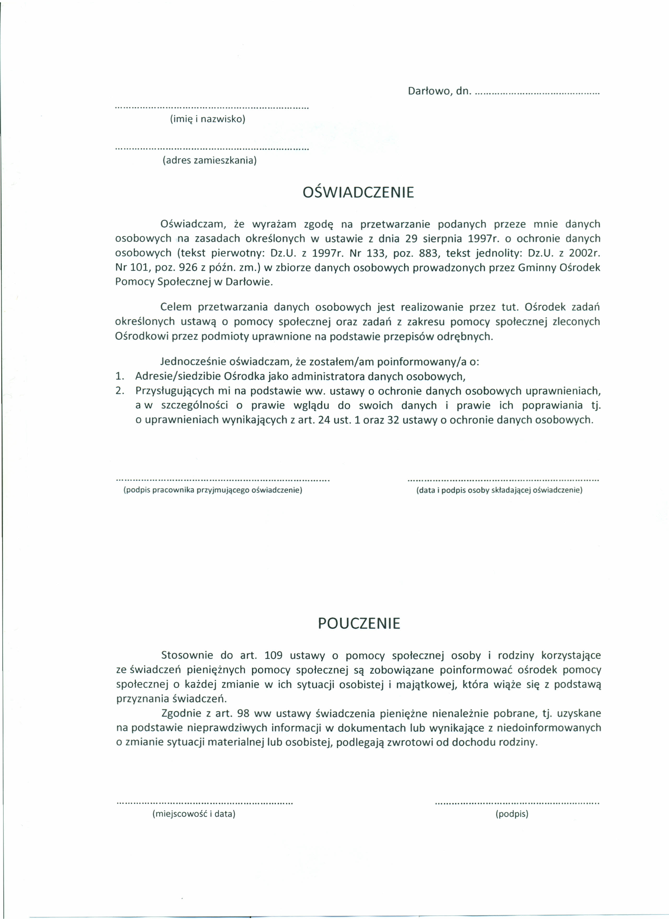 Wniosek o pomoc. ...dnia. Gminny Ośrodek Pomocy Społecznej w Darłowie. 1.  Nazwisko i imię. 2. Wiek Pesel. 3. Adres. 4. Telefon. Proszę o przyznanie.  - PDF Darmowe pobieranie