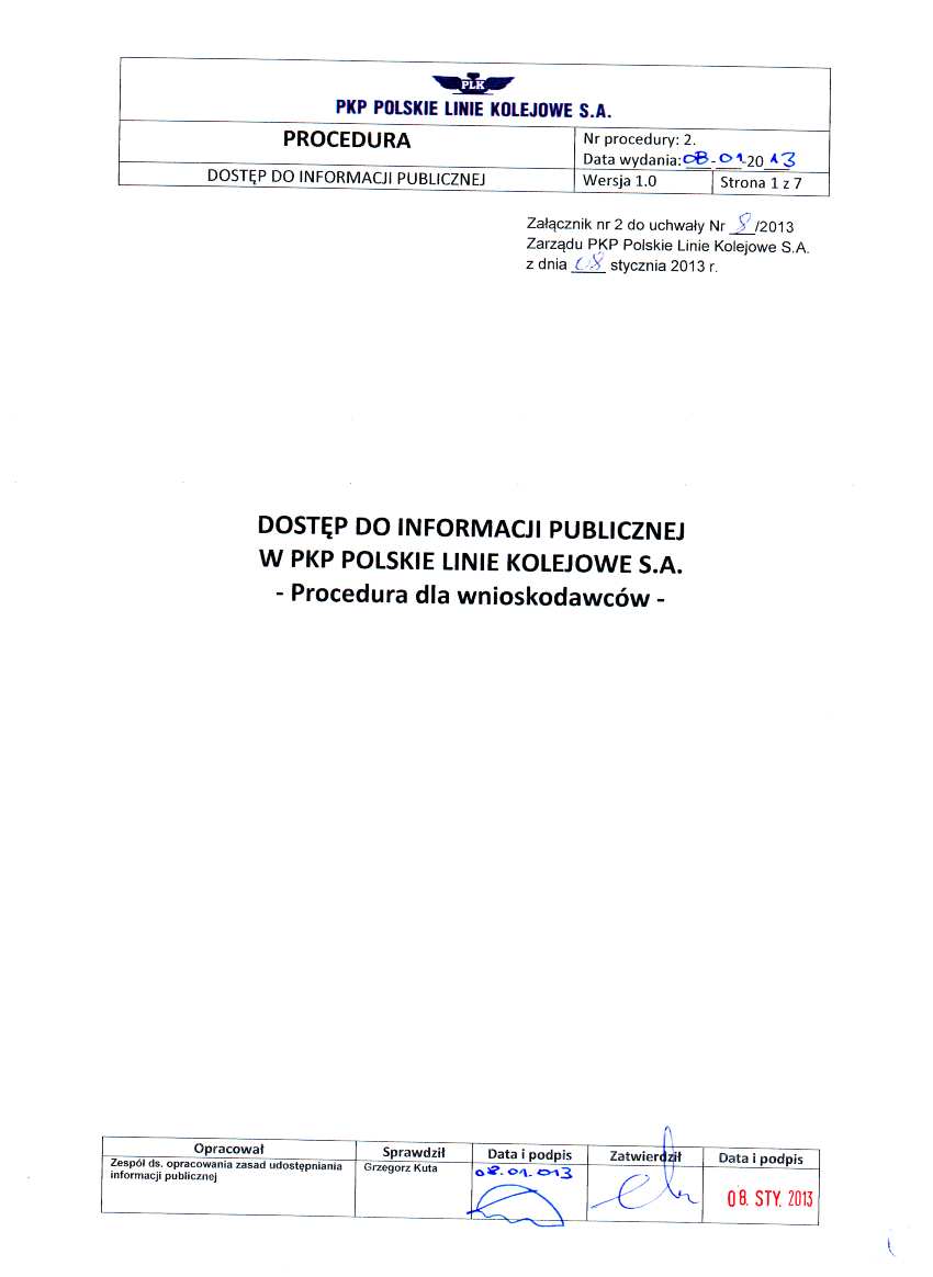 DOSTĘP DO INFORMACJI PUBLICZNEJ Wersja 1.0 Strona 1 z 7 Załącznik nr 2 do uchwały Nr /2013 Zarządu PKP Polskie Linie Kolejowe S.A. z dnia 08 stycznia 2013 r.
