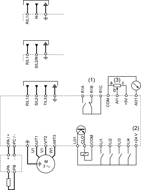 Okablowanie przemiennika ATV12 Ogólny diagram połączeniowy ATV12 ATV12ppppF1 Jednofazowe napięcie zasilania 100 120V ATV12ppppM2 Jednofazowe napięcie zasilania 200 240V ATV12ppppM3 Trójfazowe