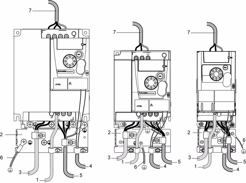 Okablowanie przemiennika ATV12 Schematy instalacyjne 1. Nie ekranowane przewody na wyjściu zacisków przekaźników ATV12. 2.