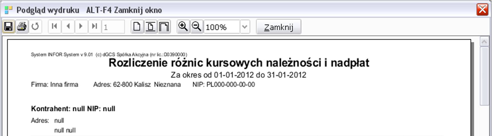 zaakceptowaniu parametrów ( OK. ) pojawi się okno z podglądem raportu. Jeżeli nie pojawi się okno raportu, to najprawdopodobniej nie ustawiliśmy wszystkich parametrów (np.