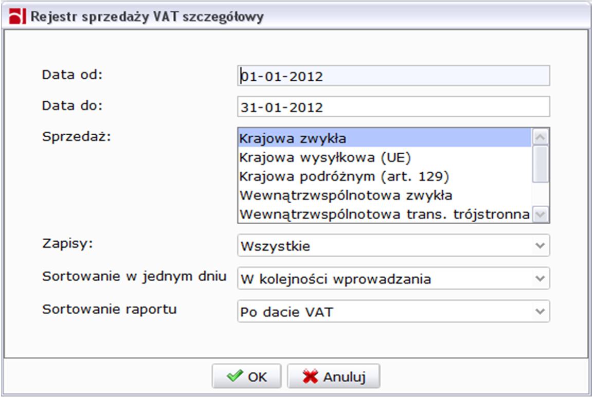 Rejestr sprzedaży VAT szczegółowy pozwala na wybór konkretnego
