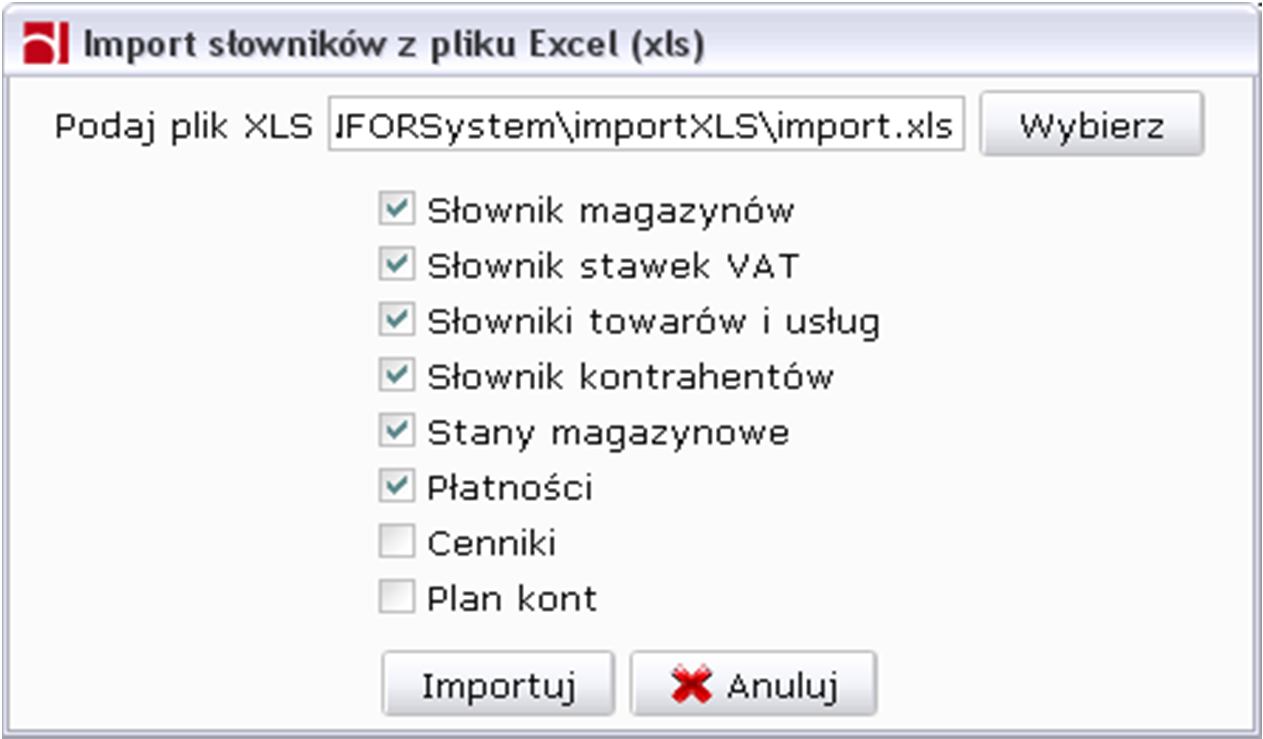 Import słowników z pliku Excel (xls) W programie istnieje także możliwość importu danych z pliku Excela Funkcja jest dostępna w [Narzędzia]->[Import słowników z pliku Excel (xls)] i pozwala