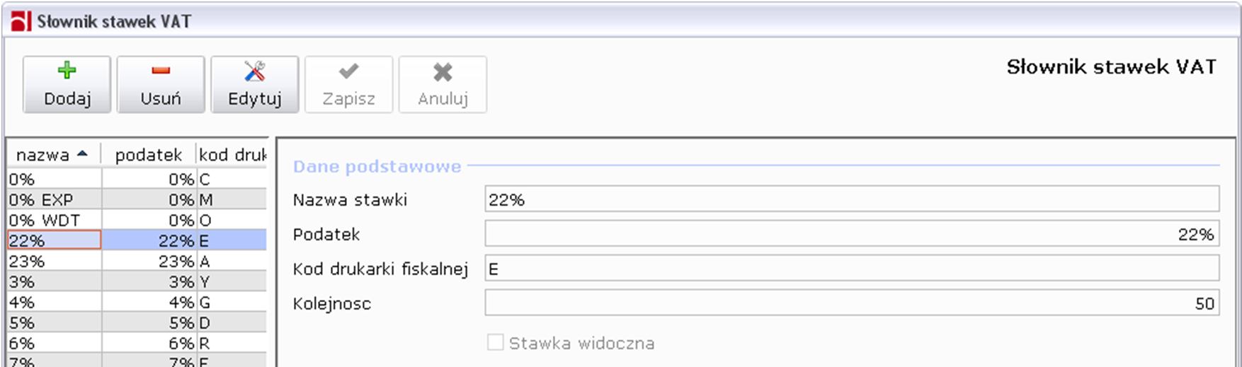 Zabroniona i oczywiście zablokowana jest modyfikacja stawek VZ, 0% EXP i 0% WDT, ponieważ są to stawki specjalne dla sprzedaży i zakupu, gdzie podatnikiem jest nabywca, sprzedaży eksportowej oraz