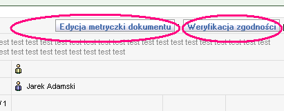 Dostępne opcje na koncie studenta, dotyczące pracy, to [Edycja metryczki dokumentu] lub [Weryfikacja zgodności].