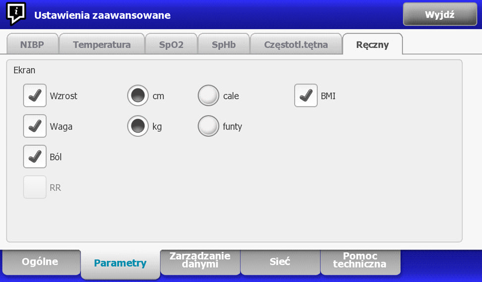 Instrukcja obsługi Ustawienia zaawansowane 139 d. Dotknąć przycisku OK. Pojawi się karta Ogólne. 2. Dotknąć karty Parametry. 3. Dotknąć karty Częstotl.tętna. 4. Określić ustawienia.