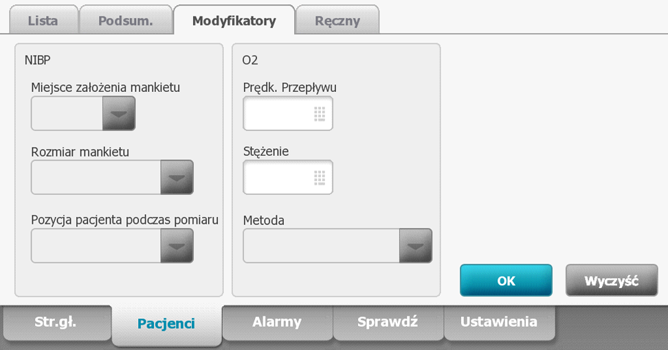 62 Zarządzanie danymi pacjenta Welch Allyn Connex Integrated Wall System Modyfikatory Karta Modyfikatory umożliwia wprowadzanie dodatkowych informacji o bieżących pomiarach.