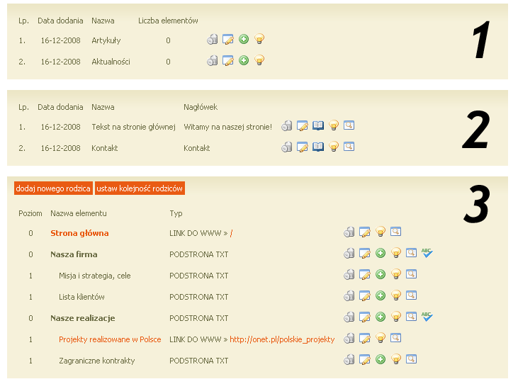 Czerwonym kolorem zaznaczone zostało menu zasadnicze, podstawowe. To z tej części nawigacji administrator korzysta najczęściej.