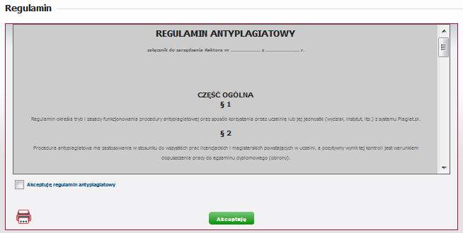 Rysunek 2. Akceptacja regulaminu antyplagiatowego. 3. Edycja Ustawień Po zaakceptowaniu regulaminu antyplagiatowego student ma możliwość dostosowania ustawień konta do swoich wymagań.