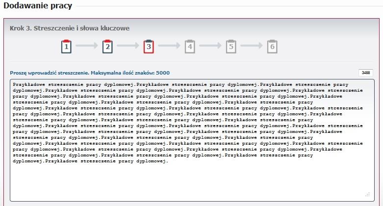 Rysunek 8. Dodawanie pracy dyplomowej - streszczenie. Po dodaniu streszczenia należy dodać słowa kluczowe odpowiednie dla pracy.