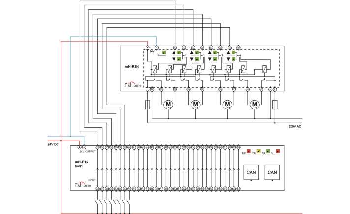 Schemat 12. Podłączenie modułu wykonawczego (przekaźników mh-re4) do modułu silnikowego.