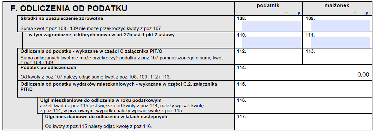 Przykład 1: Podstawa opodatkowania z pozycji 104. wynosi 80 000 zł. Podatek wyniesie 18 procent z 80 000 zł minus 556,02 zł, czyli 13 843,98 zł. Przykład 2: Podstawa opodatkowania z pozycji 104.