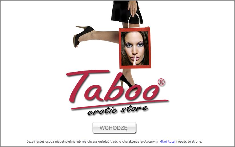 Strona główna w sklepie www.tabooshop.pl z informacją, że sklep przeznaczona jest dla osób pełnoletnich Kolejny aspekt to układ strony w sklepie internetowym.
