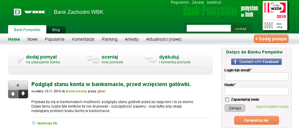 Platforma komunikacyjna stworzona przez BZ WBK daje możliwość dyskutowania o propozycjach Internautów oraz tworzenia rankingów ich najlepszych pomysłów i komentarzy.