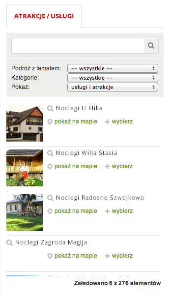 W tym miejscu możemy wybrać, czy interesuje nas Podróż z tematem czyli np. Szlakiem bieszczadzkich cerkwi czy też inne i kategorie oraz rodzaj usług i atrakcji.