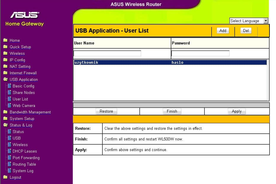 Kliknij USB Application Share Nodes na menu z lewej strony ekranu 2. Kliknij na Add aby dodać folder i udostępniać go. 3.