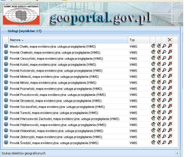 Wyniki generowane są w formacie html, gml lub zwykłym pliku tekstowym i zawierają informacje o obiekcie (obiektach) położonych w miejscu wskazanym przez użytkownika np.