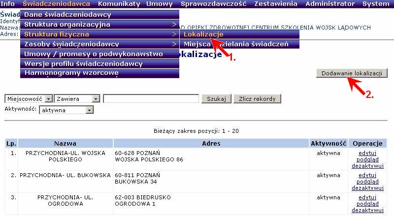 3. Dodawanie lokalizacji W tym celu używamy polecenia Lokalizacje w menu