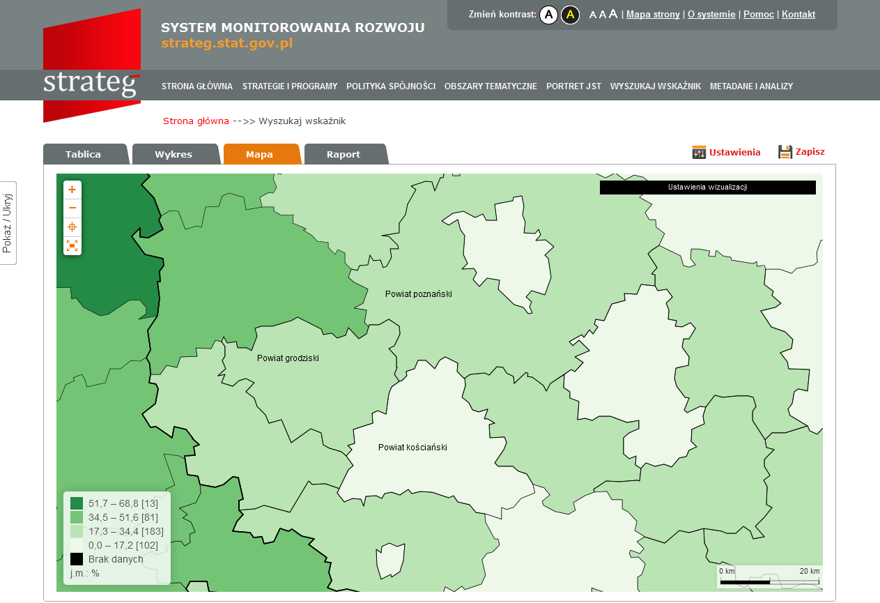 Przykładowy widok mapy po zmianach: przybliżenie (zoom) mapy, zmiana liczby