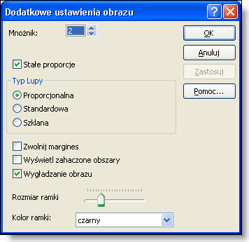 116 Struktura Menu programu Lunar Dodatkowe ustawienia obrazu Menu Obraz > Ustawienia > Dodatkowe Okno dialogowe Powiększenie pozwala sterować większością opcji powiększenia.